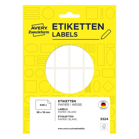 Forpakningsbilde: Avery Zweckform Non A4 Universal-etiketter for håndskrift, Artikkel: 3324, Format: 38 x 18 mm, Innhold: 648 etiketter / 27 ark, 24 etiketter/ark.