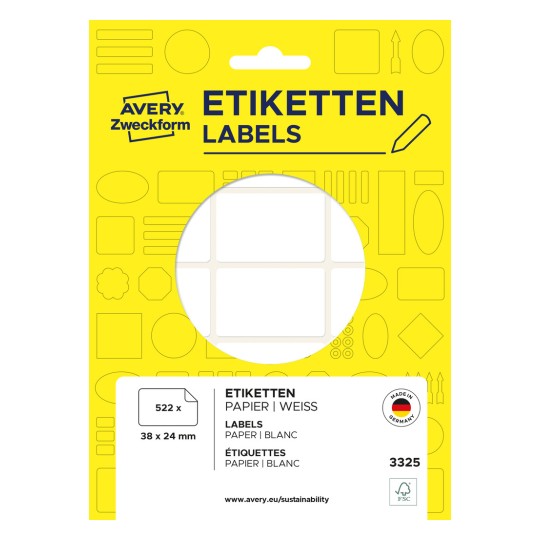 Pakningsbilde: Avery Zweckform Non A4 Universaletiketter for håndskrivning, Artikkel: 3325, Format: 38 x 24 mm, Innhold: 522 etiketter / 29 ark, 18 etiketter/ark.