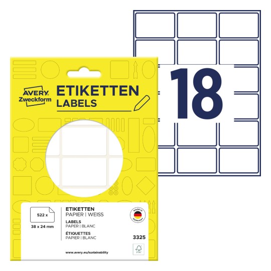Pakningsbilde med etikettsark: Avery Zweckform flerbruksetiketter, Artikkel: 3325, Format: 38 x 24 mm, Innhold: 522 etiketter / 29 ark, 18 etiketter/ark.