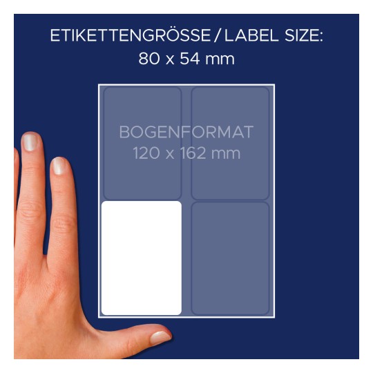 Størrelsessammenligning med hånd, artikkel: 3330, ett ark med flerbruksetiketter, format: 80 x 54 mm, farge: hvit?