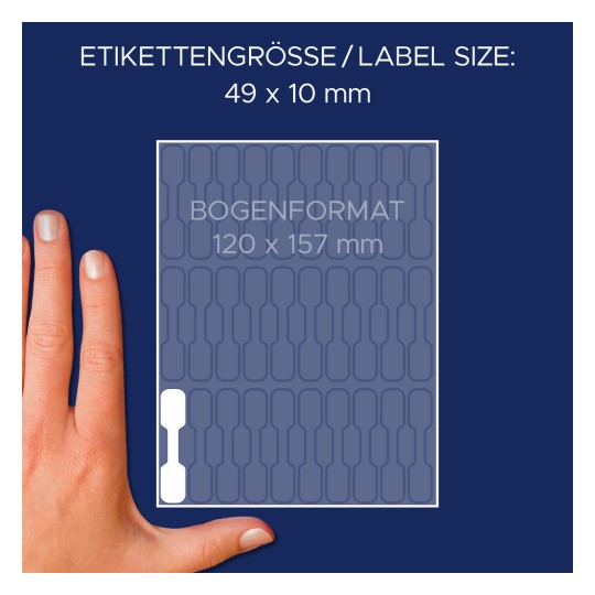 Størrelsesammenligning med hånd, artikkel: 3335, ett ark med prisetiketter, format: 49 x 10 mm, farge: hvit