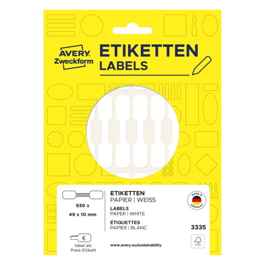Pakningsbilde: Avery Zweckform Non A4 prisetiketter for håndskrift, artikkel: 3335, format: 49 x 10 mm, innhold: 930 etiketter / 31 ark, 30 etiketter/ark.