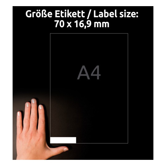Størrelsessammenligning med hånd, artikkel: 3420, ett ark med universaletiketter, format: 70 x 16,9 mm, farge: hvit?
