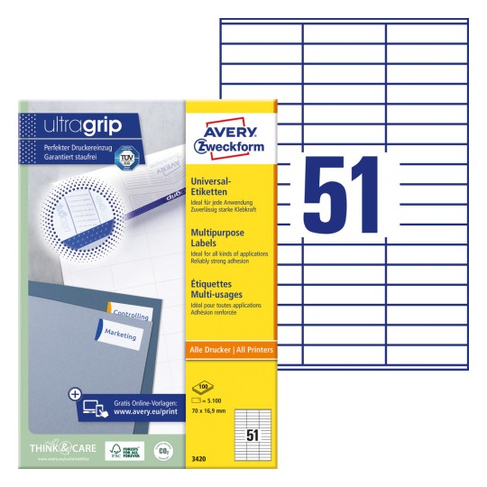 Forpakningsbilde med etikettark: Avery Zweckform universaletiketter, artikkel: 3420, format: 70 x 16,9 mm, utskriftsegnet: Inkjet, svart/hvitt laser, fargelaser, innhold: 5.100 etiketter / 100 ark, 51 etiketter/ark.