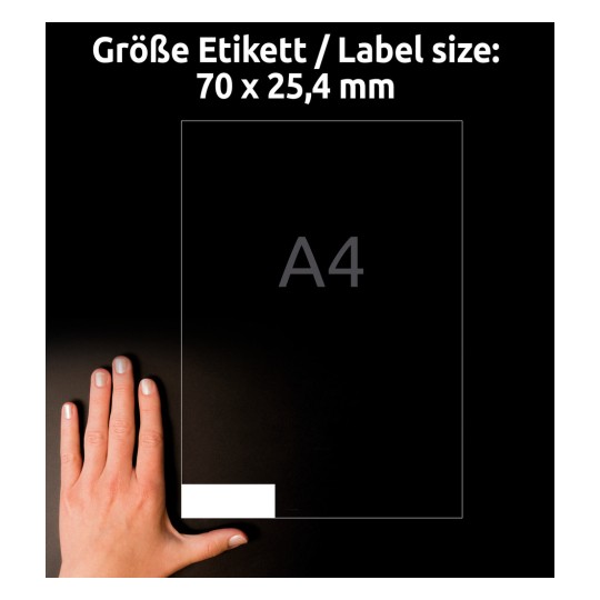 Størrelsessammenligning med hånd, artikkel: 3421, ett ark universaletiketter, format: 70 x 25,4 mm, farge: hvit?