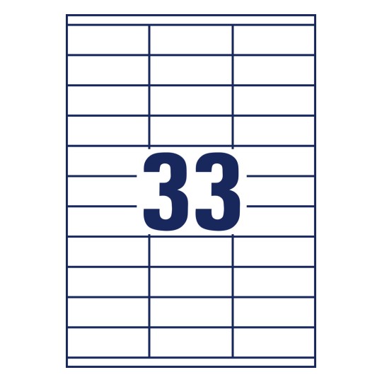Stanseksemplar enkeltark A4, Artikkel: 3421, Universaletiketter, Format: 70 x 25,4 mm, 33 etiketter/ark.