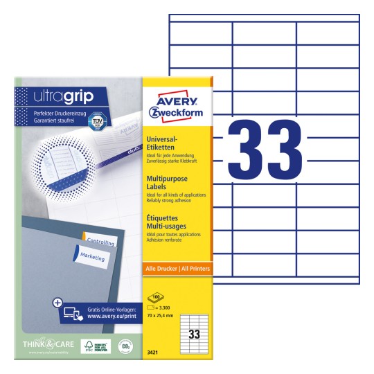 Pakningsbilde med etikettark: Avery Zweckform Universaletiketter, Artikkel: 3421, Format: 70 x 25,4 mm, Trykkegnethet: Inkjet, Laser s/hv, Fargelaser, Innhold: 3.300 etiketter / 100 ark, 33 etiketter/ark.