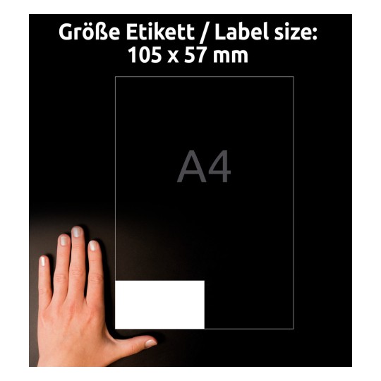 Størrelsessammenligning med hånd, artikkel: 3425, ett ark med universelle etiketter, format: 105 x 57 mm, farge: hvit?