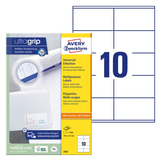 Pakningsbilde med etikettark: Avery Zweckform Universal-Etiketter, Artikkel: 3425, Format: 105 x 57 mm, Skriversulthet: Blekk, Laser s/hv, Fargelaser, Innhold: 1000 etiketter / 100 ark, 10 etiketter/ark.