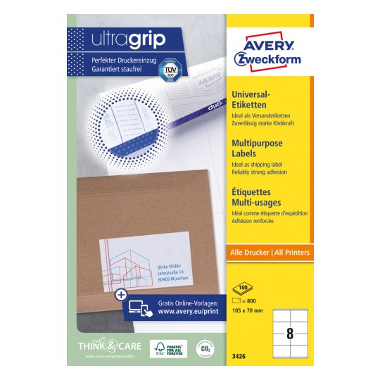 Pakningsbilde: Avery Zweckform universaletiketter, permanent klebende, artikkel: 3426, format: 105 x 70 mm, skriverkompatibilitet: Inkjet, Laser s/h, Fargelaser, innhold: 800 etiketter / 100 ark, 8 etiketter/ark.