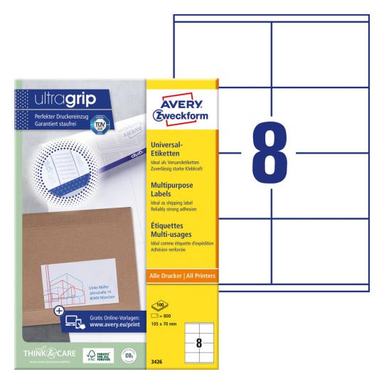 Forpakningsbilde med etikettark: Avery Zweckform Universal-etiketter, Artikkel: 3426, Format: 105 x 70 mm, Skriverkompatibilitet: Inkjet, Laser s/hv, Fargelaser, Innhold: 800 etiketter / 100 ark, 8 etiketter/ark.