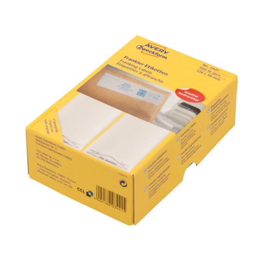 Forpakningsbilde: Avery Zweckform Frankeringsetiketter, Artikkel: 3442, Format: 138 x 48 mm, Skriveegnethet: Frankeringsmaskiner, Innhold: 500 etiketter, 500 etiketter/ark?