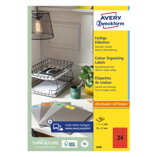 Pakningsavbildning: Avery Zweckform Fargede Etiketter, permanent klebende, Artikkel: 3448, Format: 70 x 37 mm, Utskriftsegnet for: Inkjet,Laser s/h, Fargelaser, Innhold: 2.400 etiketter / 100 ark, 24 etiketter/ark.