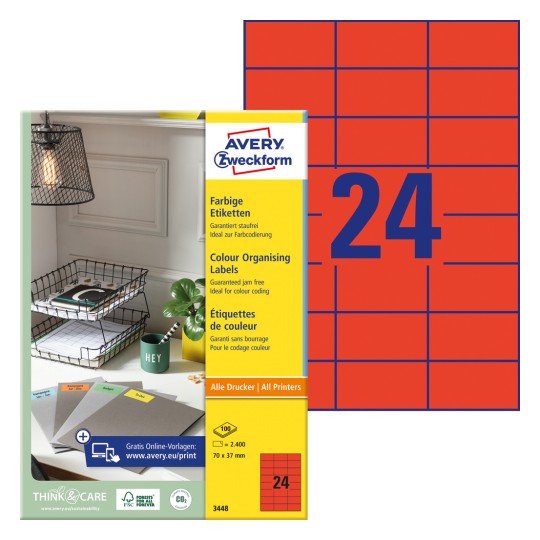 Pakningsbilde med etikettark: Avery Zweckform Fargede etiketter, Artikkel: 3448, Format: 70 x 37 mm, skriverkompatibilitet: Inkjet, laser s/h, fargelaser, innhold: 2.400 etiketter / 100 ark, 24 etiketter/ark.