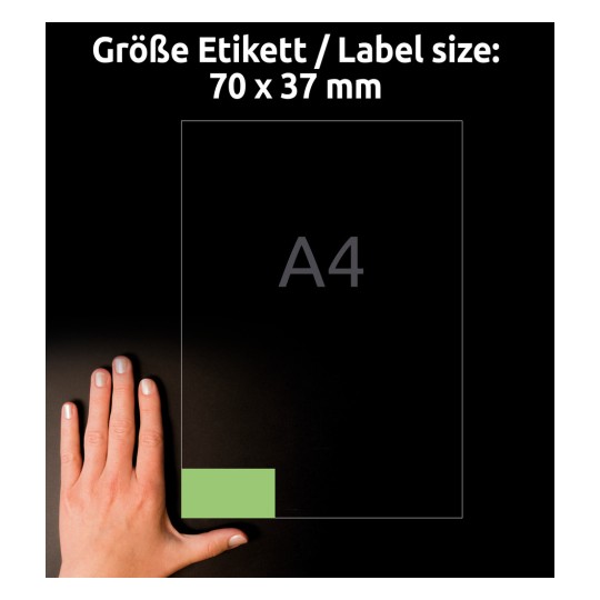 Størrelsessammenligning med hånd, Artikkel: 3450, ett ark med fargede etiketter, Format: 70 x 37 mm, Farge: Grønn.