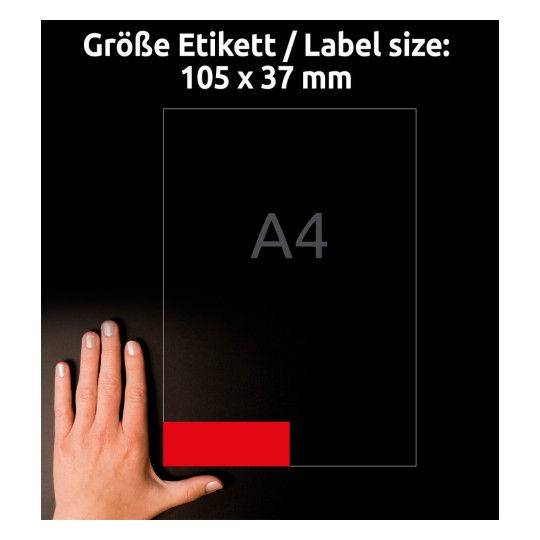 Størrelsessammenligning med hånd, Artikkel: 3452, ett ark Fargede etiketter, Format: 105 x 37 mm, Farge: Rød?