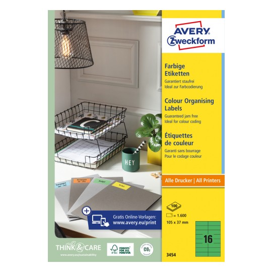 Pakningsbilde: Avery Zweckform Fargede etiketter, permanent klebende, Artikkel: 3454, Format: 105 x 37 mm, Utskriftsegnet: Inkjet, Laser s/hv, Fargelaser, Innhold: 1.600 etiketter / 100 ark, 16 etiketter/ark.