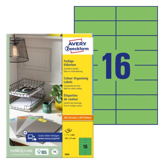 Pakningsbilde med etikettark: Avery Zweckform Fargede etiketter, Artikkel: 3454, Format: 105 x 37 mm, Trykkegnethet: Inkjet, Laser s/h, Fargelaser, Innhold: 1.600 etiketter / 100 ark, 16 etiketter/ark.