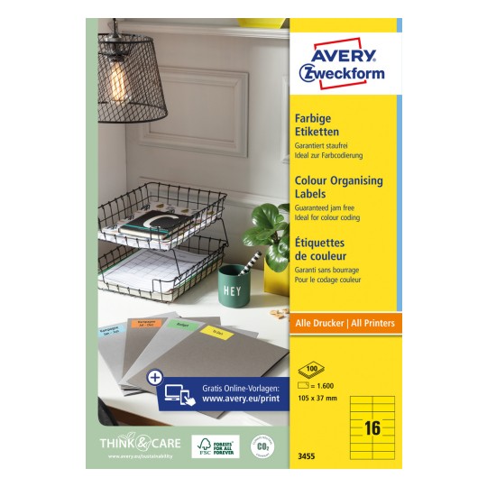 Pakningsbilde: Avery Zweckform Fargede etiketter, permanent klebende, Artikkel: 3455, Format: 105 x 37 mm, Skriveregnskap: Inkjet, Laser s/h, Fargelaser, Innhold: 1.600 etiketter / 100 ark, 16 etiketter/ark.