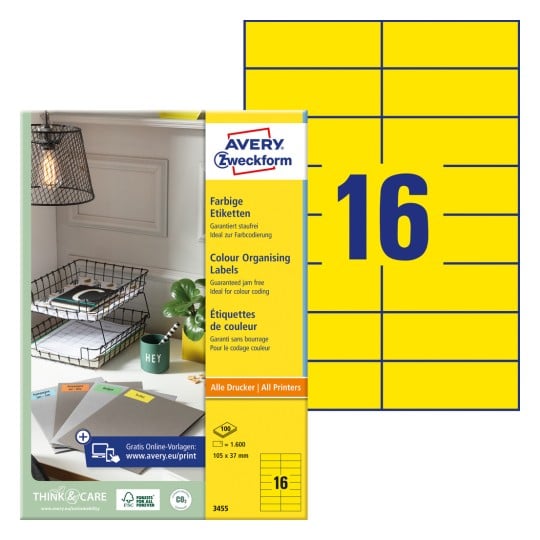 Pakningsbilde med etikettark: Avery Zweckform Fargede etiketter, Artikkel: 3455, Format: 105 x 37 mm, Egnet for utskrift: Inkjet, Laser sort/hvit, Fargelaser, Innhold: 1.600 etiketter / 100 ark, 16 etiketter/ark.