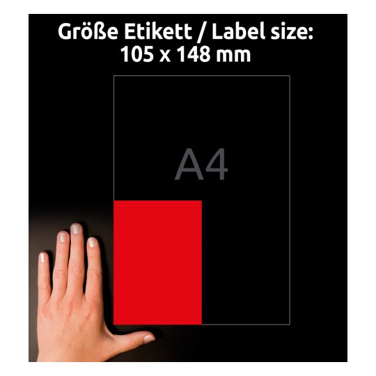 Størrelsessammenligning med hånd, Artikkel: 3456, ett ark med fargede etiketter, Format: 105 x 148 mm, Farge: Rød?