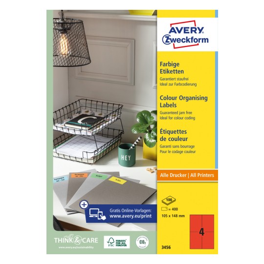Emballasjebilde: Avery Zweckform Fargede etiketter, permanent klebende, artikkel: 3456, format: 105 x 148 mm, skriverkompatibilitet: Inkjet, laser svart/hvitt, fargelaser, innhold: 400 etiketter / 100 ark, 4 etiketter/ark.