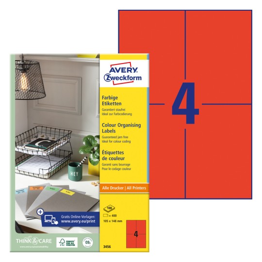 Pakningsbilde med etikettark: Avery Zweckform Fargede etiketter, Artikkel: 3456, Format: 105 x 148 mm, Skriveegnethet: Inkjet, Laser s/h, Fargelaser, Innhold: 400 etiketter / 100 ark, 4 etiketter/ark.