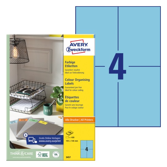 Pakningsbilde med etikettsark: Avery Zweckform Fargede etiketter, Artikkel: 3457, Format: 105 x 148 mm, Skriveregenskaper: Inkjet, Laser s/hv, Fargelaser, Innhold: 400 etiketter / 100 ark, 4 etiketter/ark.