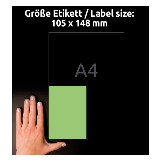 Størrelsessammenligning med hånd, Artikkel: 3458, et ark med fargede etiketter, Format: 105 x 148 mm, Farge: Grønn.