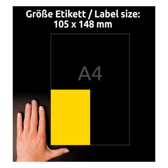 Størrelsessammenligning med hånd, artikkel: 3459, ett ark fargede etiketter, format: 105 x 148 mm, farge: gul.