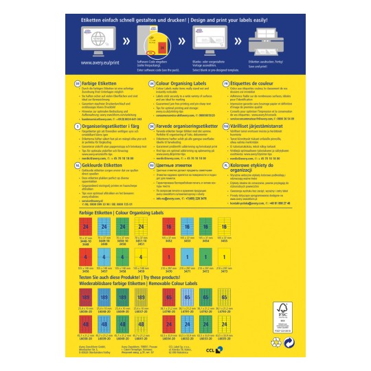Bildet er en informasjonsguide for design og utskrift av fargeetiketter. Den inkluderer tips på forskjellige språk om valg og bruk av etiketter, sammen med produktkoder, dimensjoner og egenskaper for ulike etiketttyper som tilbys av Avery.