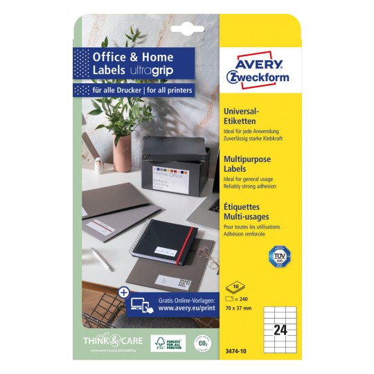 Pakningsbilde: Avery Zweckform universaletiketter, permanent klebende, Artikkel: 3474-10, Format: 70 x 37 mm, skriverkompatibilitet: Inkjet, Laser s/hv, Fargelaser, Innhold: 240 etiketter / 10 ark, 24 etiketter/ark.