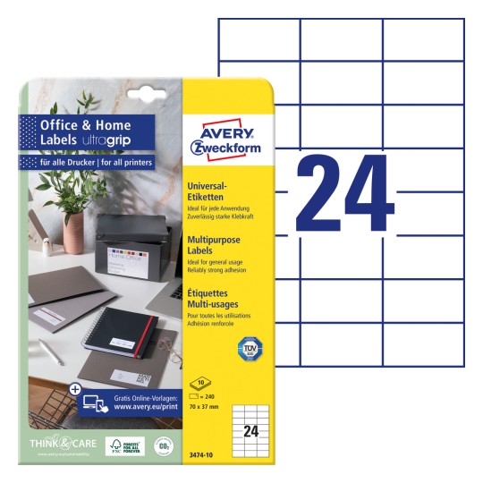 Pakningsbilde med etikkettark: Avery Zweckform etiketter, Home Office, liten pakke, artikkel: 3474-10, format: 70 x 37 mm, utskriftskompatibilitet: Inkjet, svart/hvitt laser, fargelaser, innhold: 240 etiketter / 10 ark, 24 etiketter/ark.