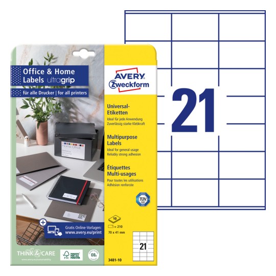 Pakkebilde med etikettark: Avery Zweckform etiketter, hjemmekontor, liten pakke, artikkel: 3481-10, format: 70 x 41 mm, utskriftsegnethet: inkjet, laser s/hv, fargelaser, innhold: 210 etiketter / 10 ark, 21 etiketter/ark.