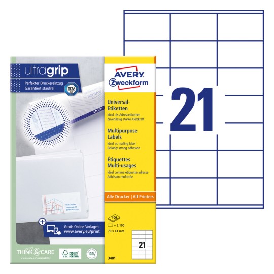 Pakningsbilde med etikettsark: Avery Zweckform universaletiketter, artikkel: 3481, format: 70 x 41 mm, utskriftsmulighet: inkjet, laser s/h, fargelaser, innhold: 2.100 etiketter / 100 ark, 21 etiketter/ark.