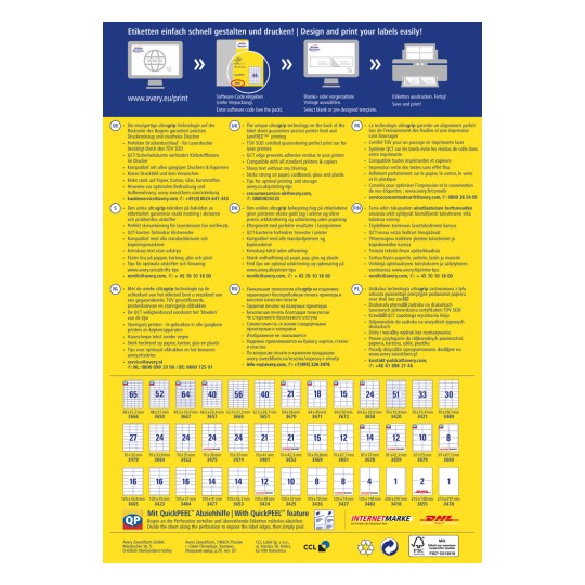 Bildet er en instruksjonsguide for å designe og skrive ut etiketter, med flere språk og detaljer om limteknologi, kompatible skrivere og etikettformater. Den inkluderer brukstips og kontaktinformasjon for kundeservice.