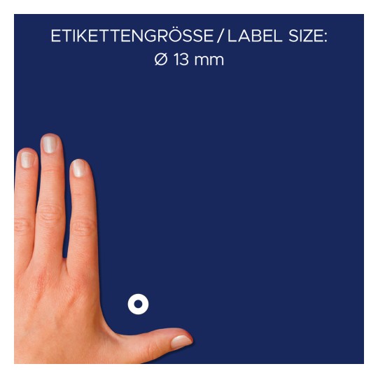 Størrelsessammenligning med hånd, artikkel: 3510, et ark med hullforsterkningsringer, format: ⌀ 13 mm, farge: transparent.