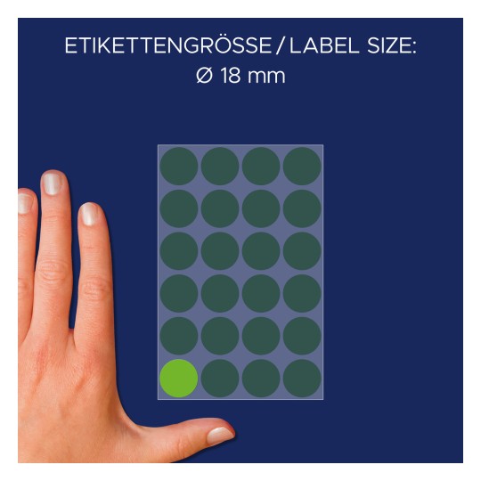 Sammenligning med håndstørrelse, artikkel: 3597, et ark med markeringspunkter, format: ⌀ 18 mm, farge: grønn.