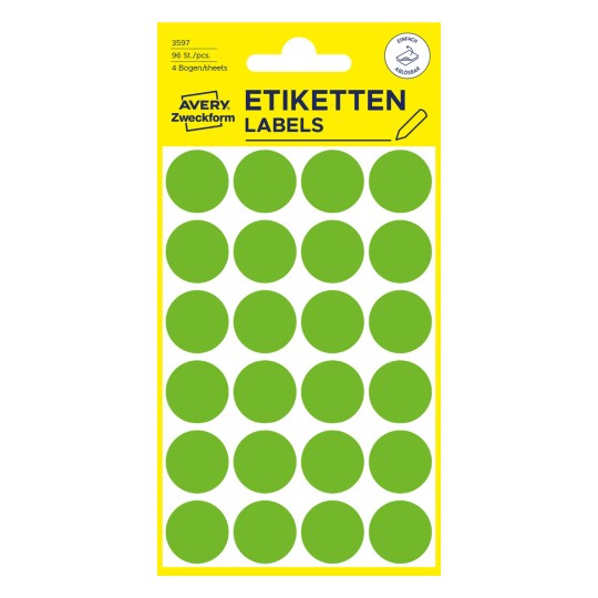 Pakningsbilde: Avery Zweckform Fargede Markeringspunkter, Artikkel: 3597, Format: ⌀ 18 mm, Innhold: 96 markeringspunkter / 4 ark, 24 markeringspunkter/ark