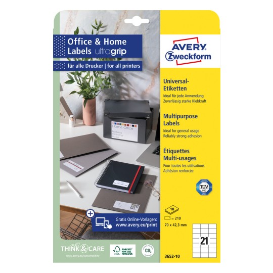 Pakningsbilde: Avery Zweckform Universal-etiketter, permanent klebende, artikkel: 3652-10, format: 70 x 42,3 mm, utskriftsegenskaper: Inkjet, Laser s/hv, fargelaser, innhold: 210 etiketter / 10 ark, 21 etiketter/ark.