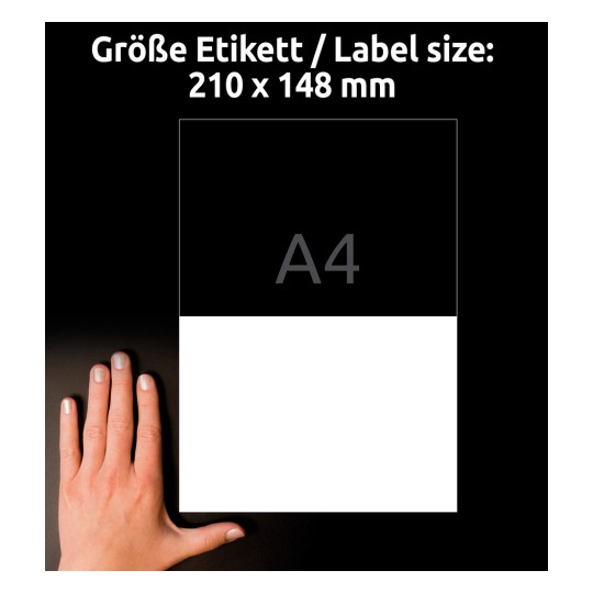 Størrelsessammenligning med hånd, artikkel: 3655, ett ark universale etiketter, format: 210 x 148 mm, farge: hvit.