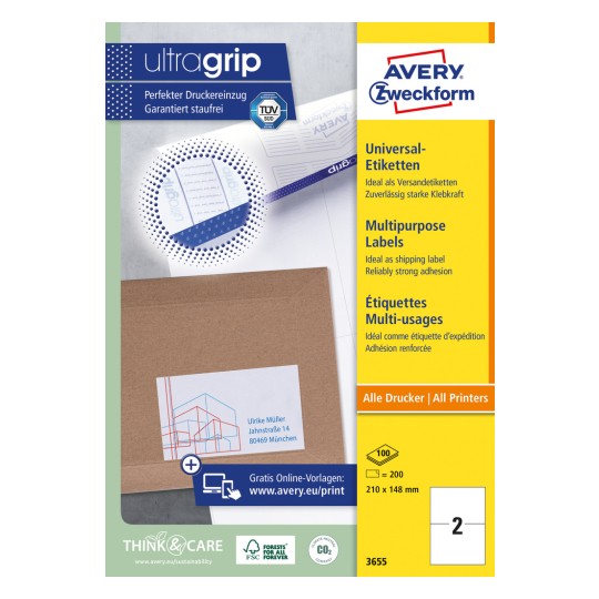 Forpakningsbilde: Avery Zweckform Universal-etiketter, permanent klebende, Artikkel: 3655, Format: 210 x 148 mm, egnet for utskrift: Inkjet, Laser s/hv, Fargelaser, Innhold: 200 etiketter / 100 ark, 2 etiketter/ark.