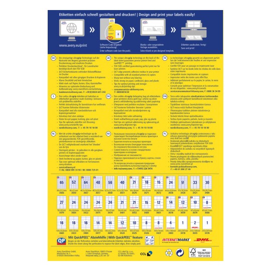 Bildet er en reklamebrosjyre for Avery-etiketter, som beskriver funksjoner som ultragrit-teknologi for utskrift av etiketter, kompatibilitet med forskjellige skrivere, og ulike tips for optimal bruk. Den inneholder instruksjoner på flere språk og gir en visuell fremstilling av forskjellige etikettformater og -størrelser som er tilgjengelige.