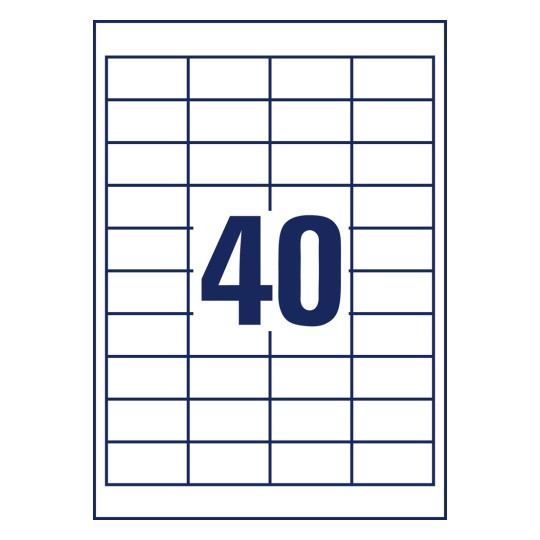 Stansetegning enkeltark A4, Artikkel: 3657, Universal-etiketter, Format: 48,5 x 25,4 mm, 40 etiketter/ark.