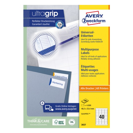 Pakningsbilde: Avery Zweckform Universal-etiketter, permanent klebende, artikkel: 3657, format: 48,5 x 25,4 mm, utskriftskompatibilitet: Inkjet, laser svart/hvitt, fargelaser, innhold: 4.000 etiketter / 100 ark, 40 etiketter/ark.