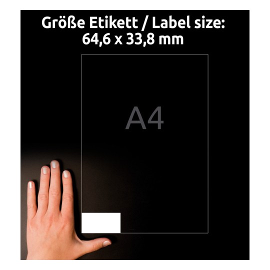 Størrelsessammenligning med hånd, artikkel: 3658-10, et ark med etiketter, hjemmekontor, småpakke, format: 64,6 x 33,8 mm, farge: hvit.