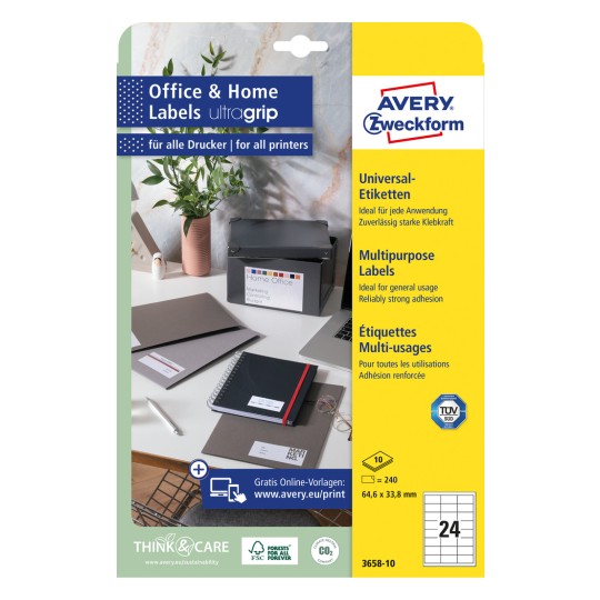 Pakningsillustrasjon: Avery Zweckform universaletiketter, permanent klebende, artikkel: 3658-10, format: 64,6 x 33,8 mm, skriverkompatibilitet: blekkskriver, laser s/hv, fargelaser, innhold: 240 etiketter / 10 ark, 24 etiketter/ark.