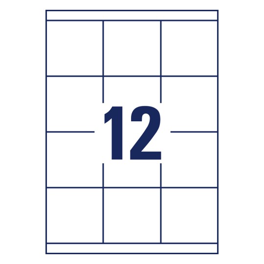 Stansemal for enkeltark A4, Artikkel: 3661, Universale etiketter, Format: 70 x 67,7 mm, 12 etiketter/ark.