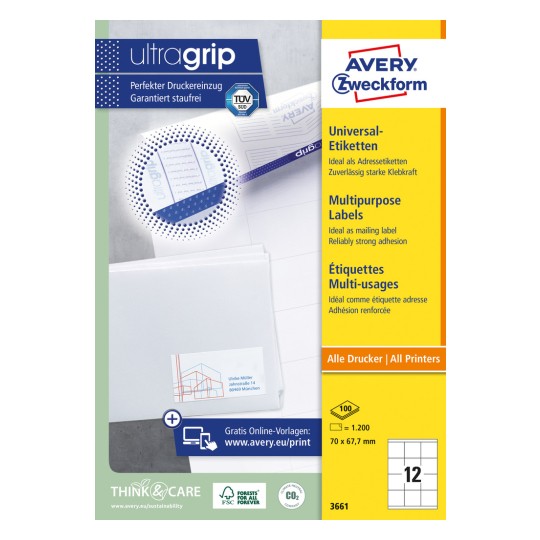 Pakningsbilde: Avery Zweckform universaletiketter, permanent klebende, Artikkel: 3661, Format: 70 x 67,7 mm, Skriverkompatibilitet: Inkjet, Laser s/hv, Fargelaser, Innhold: 1.200 etiketter / 100 ark, 12 etiketter/ark.