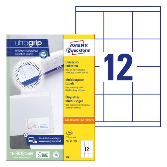 Pakkeillustrasjon med etikettark: Avery Zweckform Universal-etiketter, Artikkel: 3661, Format: 70 x 67,7 mm, Utskriftskompatibilitet: Inkjet, Laser s/hv, Fargelaser, Innhold: 1.200 etiketter / 100 ark, 12 etiketter/ark.